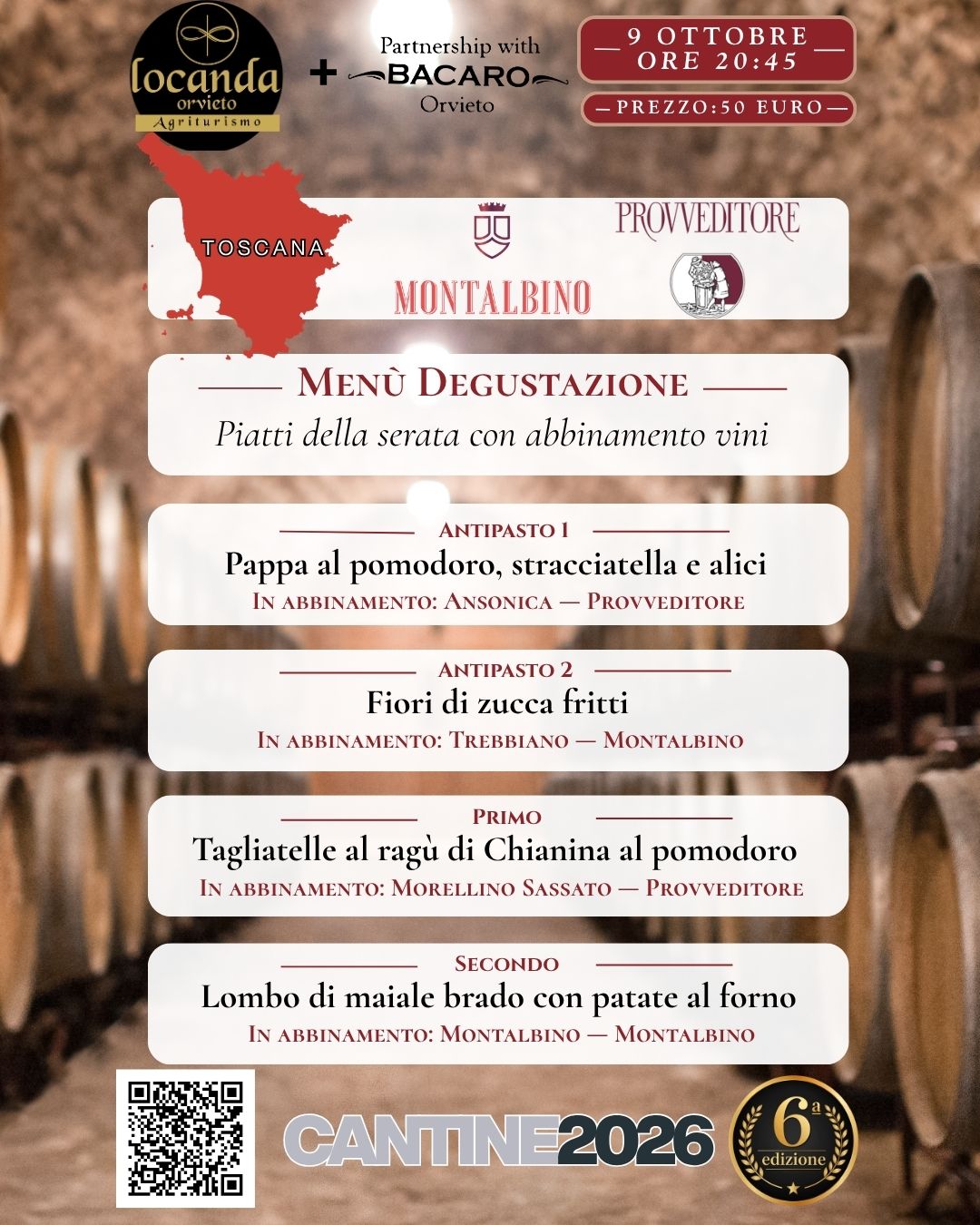 Menù della serata Toscana, venerdì 9 ottobre 2026 alle 20:45, 50 euro a persona, cantine Montalbino e Provveditore